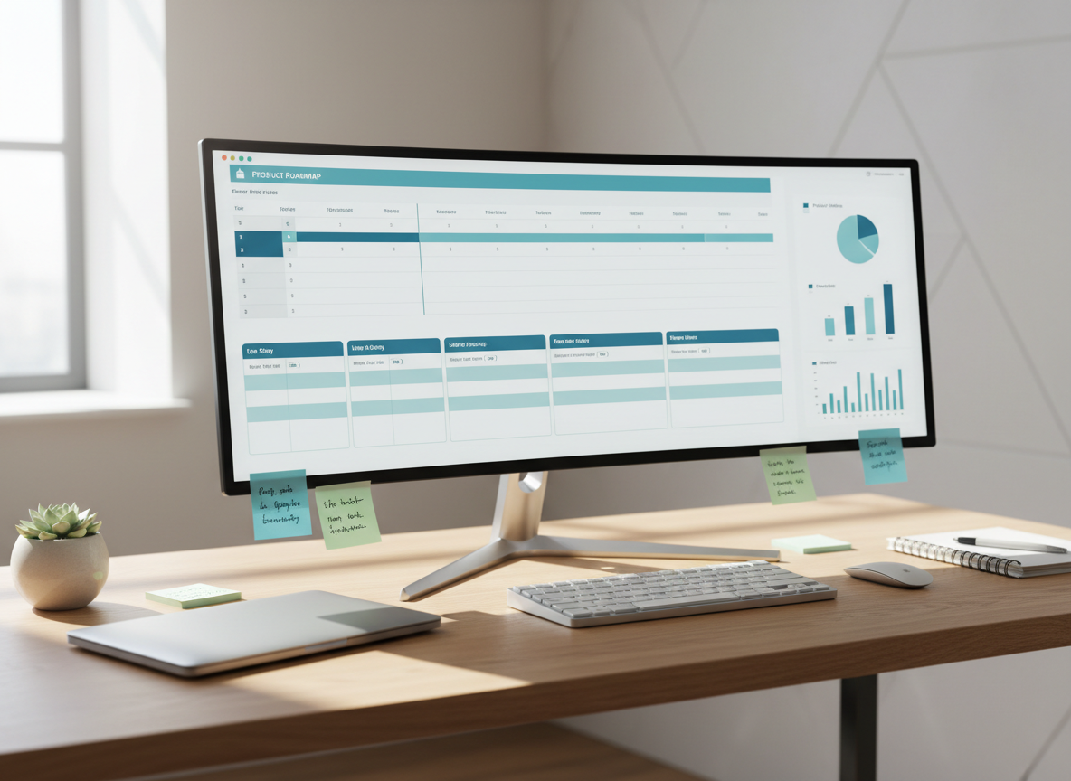 A sleek, modern product management workspace with a large, ultra-wide monitor displaying a clean product roadmap timeline, user story cards, and simple charts in soft blues and teals. The monitor sits on a light oak desk with a minimalist keyboard, notebook, and a closed laptop, surrounded by neatly arranged sticky notes and a single small potted plant. Soft daylight from a nearby window creates gentle reflections on the screen and subtle shadows along the desk edge. Photographic realism, shot at eye level with a slight angle, sharp focus across the frame. The mood is professional, focused, and calm, conveying practical, structured learning in a contemporary digital environment.