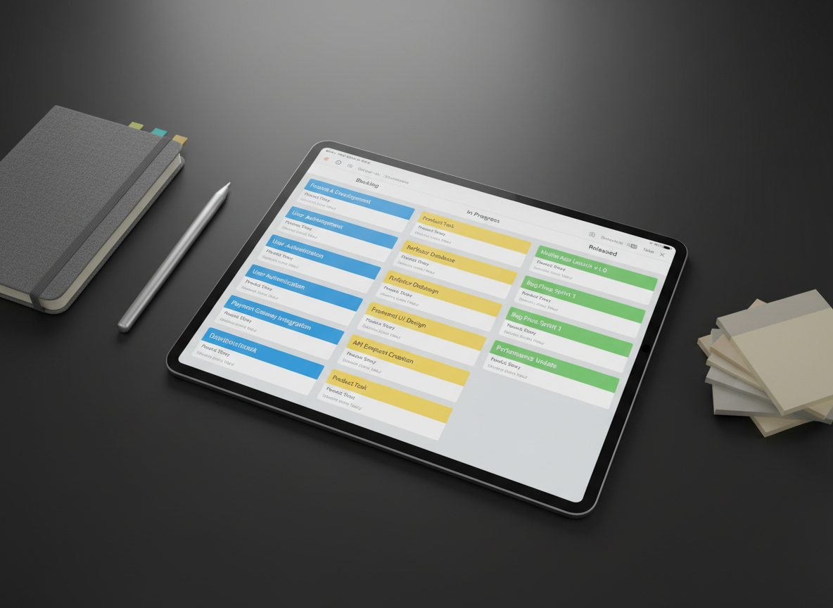 A close-up, overhead view of a meticulously organized digital kanban board displayed on a high-resolution tablet lying on a smooth, matte charcoal desk. Color-coded cards labeled with clear product tasks and user stories are arranged in columns like “Backlog,” “In Progress,” and “Released.” Around the tablet sit a pen, a slim grey notebook with page tabs, and a set of small, neutral-toned sticky notes. Soft, diffused studio lighting eliminates harsh shadows, creating a clean, professional atmosphere. Photographic realism with sharp detail and a subtle vignette draws attention to the kanban board. The overall mood is methodical and practical, emphasizing structured product ownership training and hands-on workflow management.
