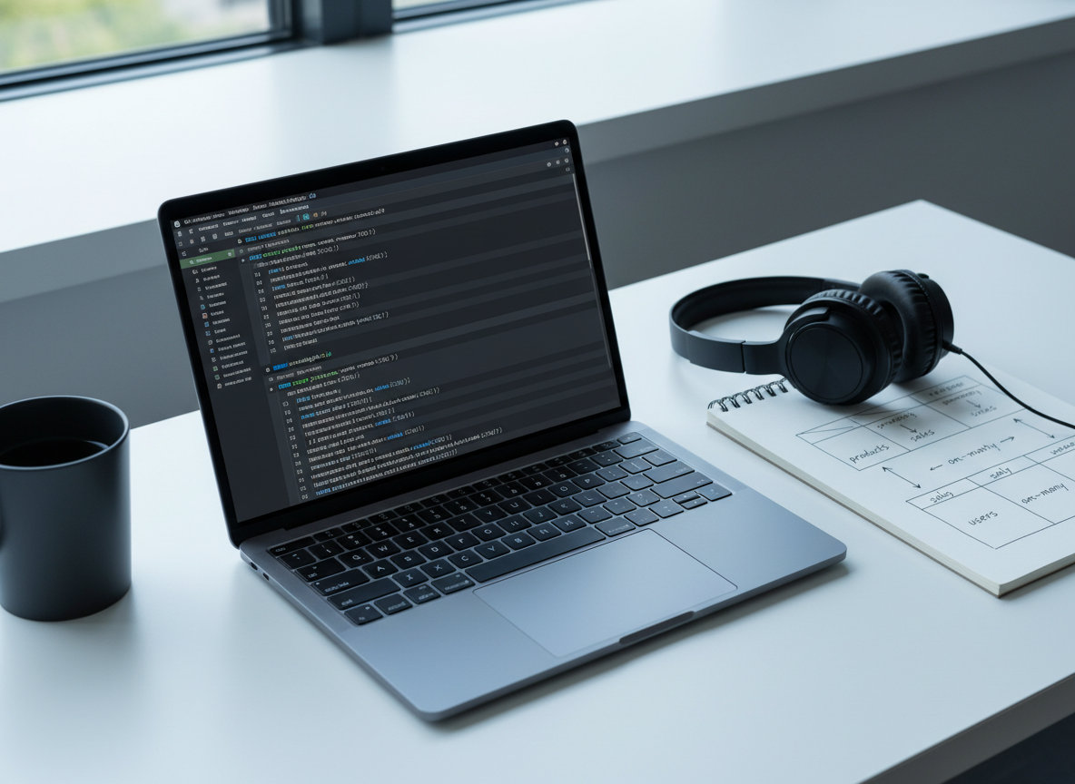 A crisp scene of a dark-mode SQL editor displayed on a slim laptop, its screen filled with neatly formatted SELECT and JOIN queries against a sample product analytics database. The laptop rests on a smooth white desk beside an open notebook showing hand-drawn database tables and arrows between them. A pair of over-ear headphones and a simple, matte-black coffee mug complete the setting. Cool, diffused daylight from the left casts soft shadows and subtle highlights on the laptop keys. Photographic realism, shot from a slightly elevated angle with sharp focus throughout. The mood is analytical and focused, highlighting practical SQL training for data-driven product decisions in a clean, modern workspace.